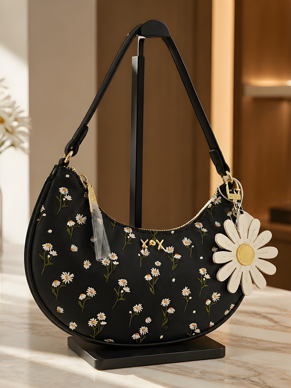 Betsey Johnson Black Daisy Crescent Shoulder Bag with Cream Charm